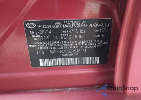 2014 Hyundai Sonata Gls from USA, damaged, VIN 5NPEB4AC3EH946961
